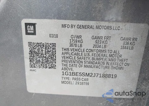 2018 Chevrolet Cruze Lt Auto z USA, uszkodzony, nr VIN 1G1BE5SM2J7188819